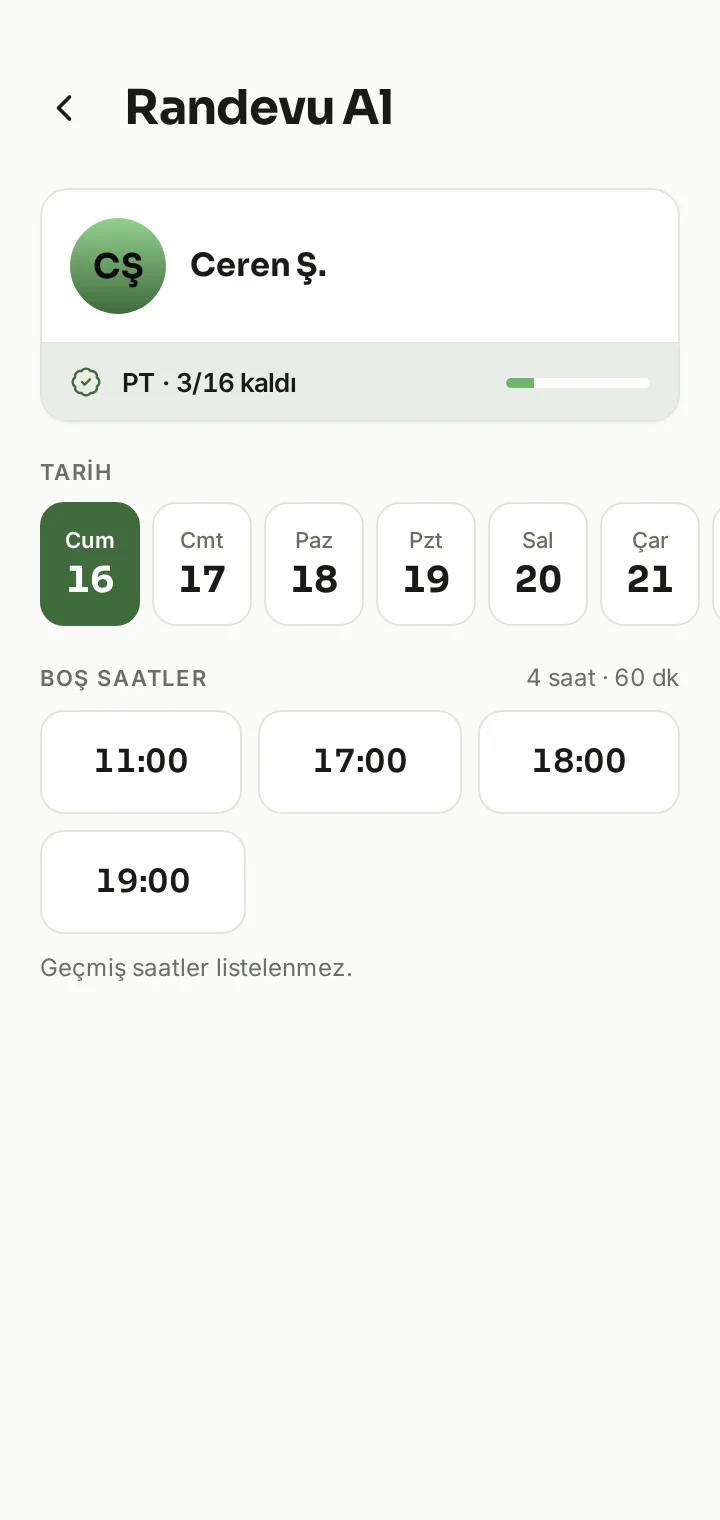 Alpfit Plus üye mobil uygulaması, randevu alma: antrenör, kalan PT hakkı, gün seçimi ve boş saatler