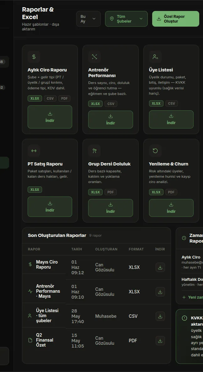 Reports screen — ready templates, XLSX/CSV/PDF export